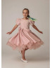 Short Sleeves Blush Pink Satin Pearls Tulle Flower Girl Dress